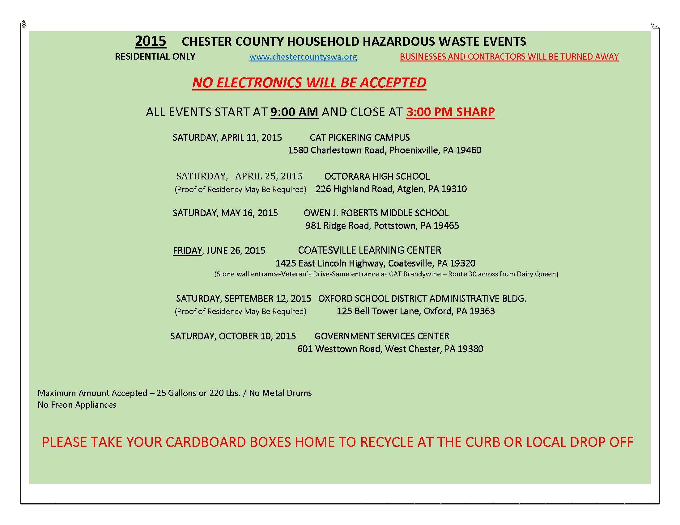 2015 HHW Schedule East Goshen Township