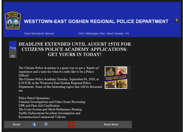 New post from WesttownEast Goshen Regional Police Department East