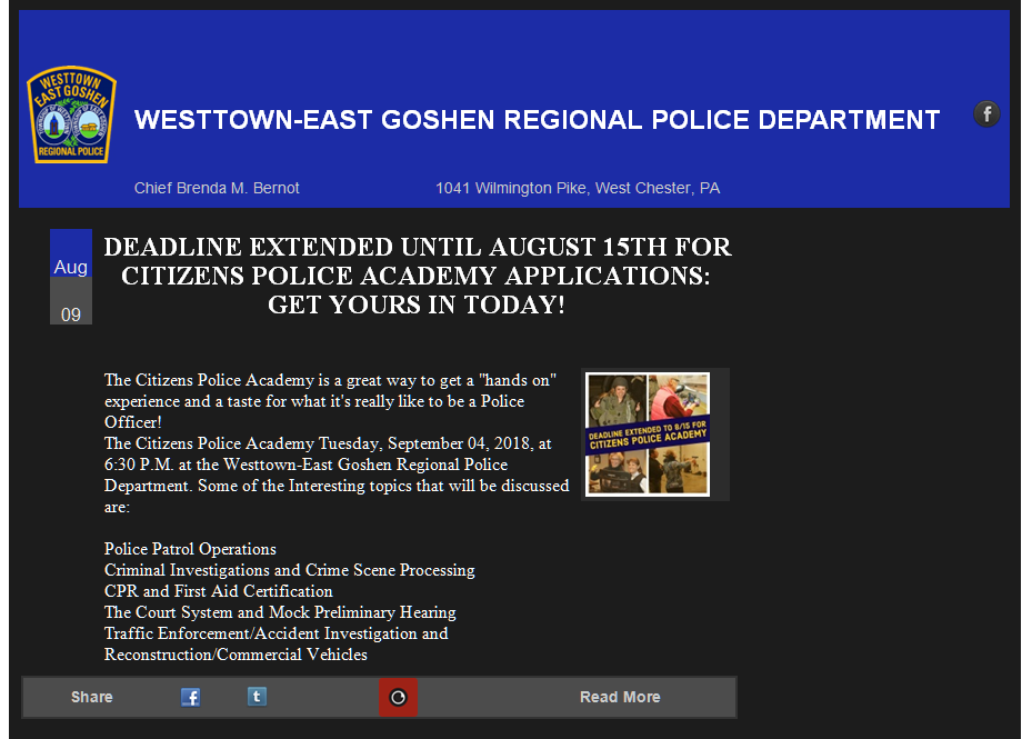 New Post From Westtown-East Goshen Regional Police Department : East ...